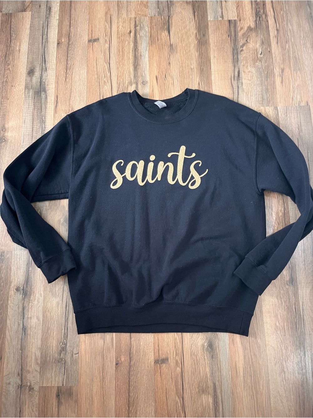 Black 'Saints' Crewneck Sweater with Gold Script